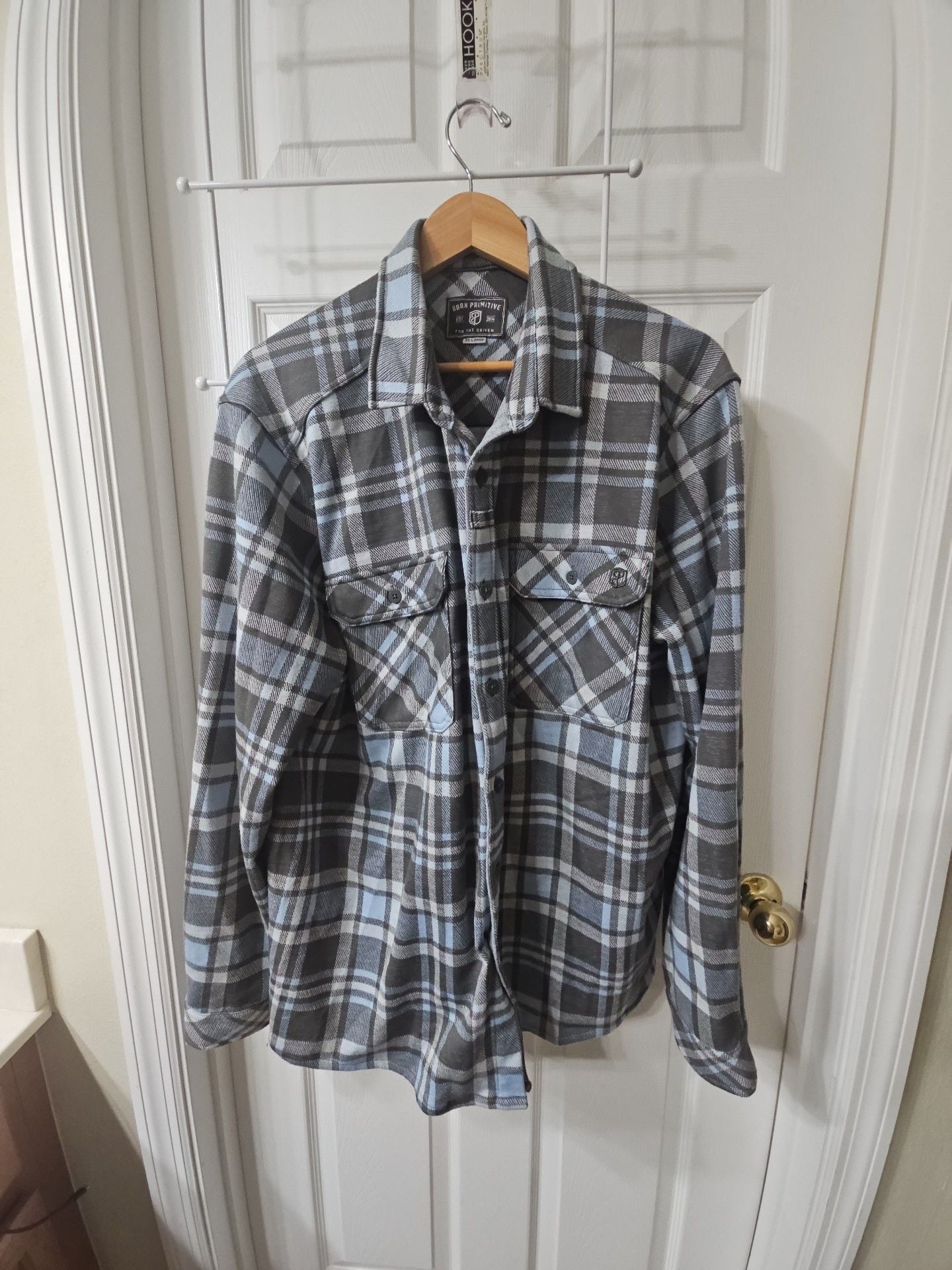 Born Primitive Flannel Shirt Size 3X-Large Gray Blue Plaid Long Sleeve Button-Up 2