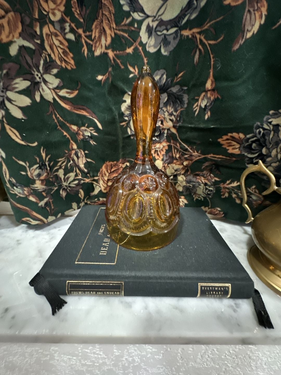 Vintage L.E. Smith Moon & Star Amber Glass Hand Bell 1