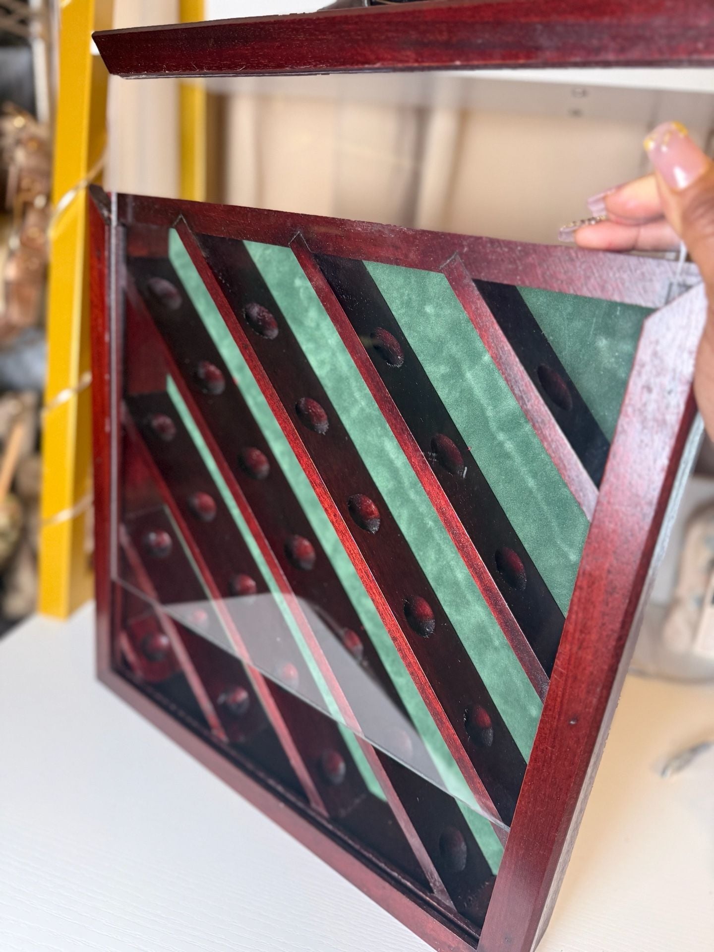 Cabinet Style Display Case Cherry Wood Hinged Door Glass Suede 7