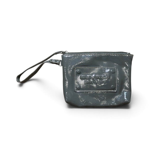 Nine West Patent Leather Wristlet Clutch Purse Gray Leopard Lining