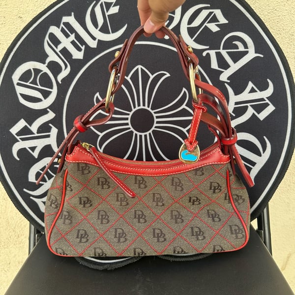 Vintage Y2K Style Dooney & Bourke Monogram Canvas Shoulder Bag Brown Red