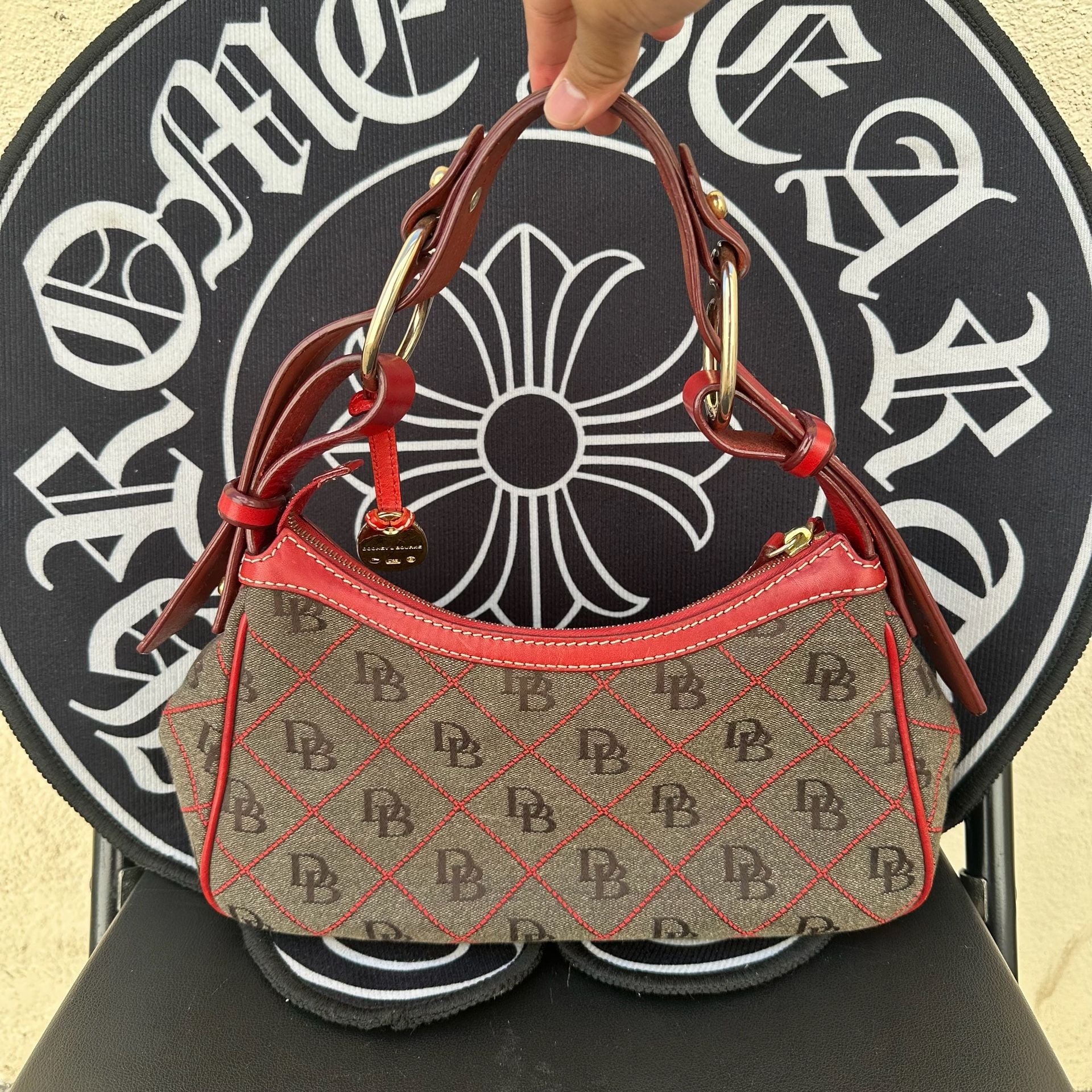 Vintage Y2K Style Dooney & Bourke Monogram Canvas Shoulder Bag Brown Red 3