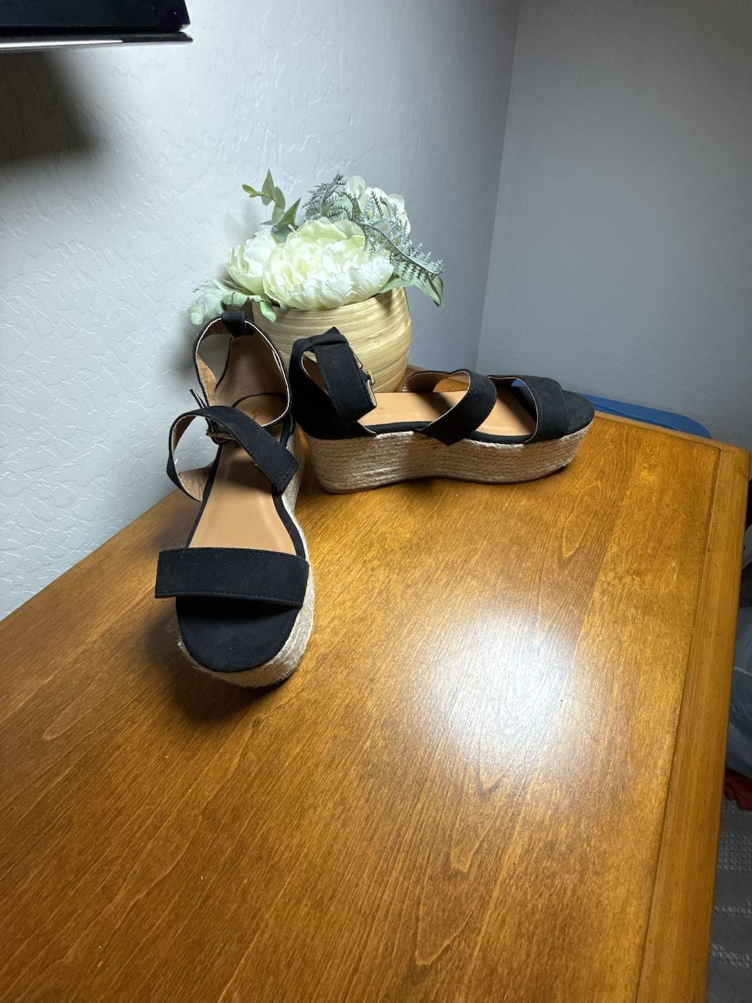 Qupid Women's Black Suede Wedge Espadrille Sandals with Ankle Strap and Buckle 7 2