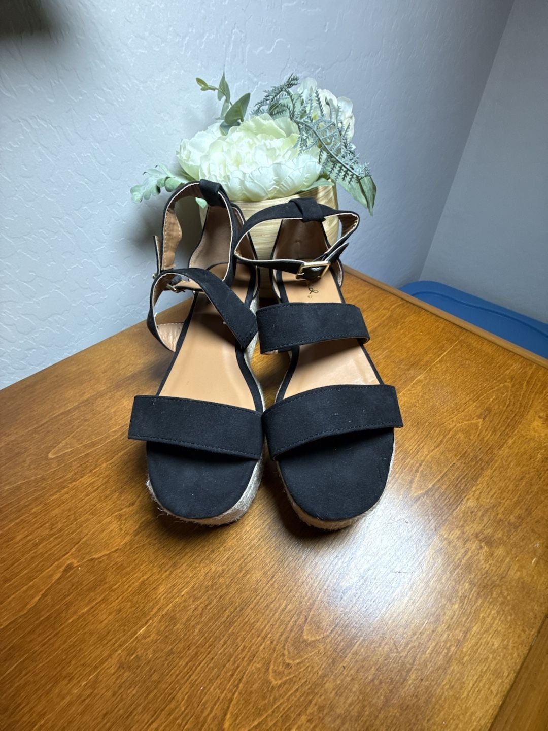 Qupid Women's Black Suede Wedge Espadrille Sandals with Ankle Strap and Buckle 7 3