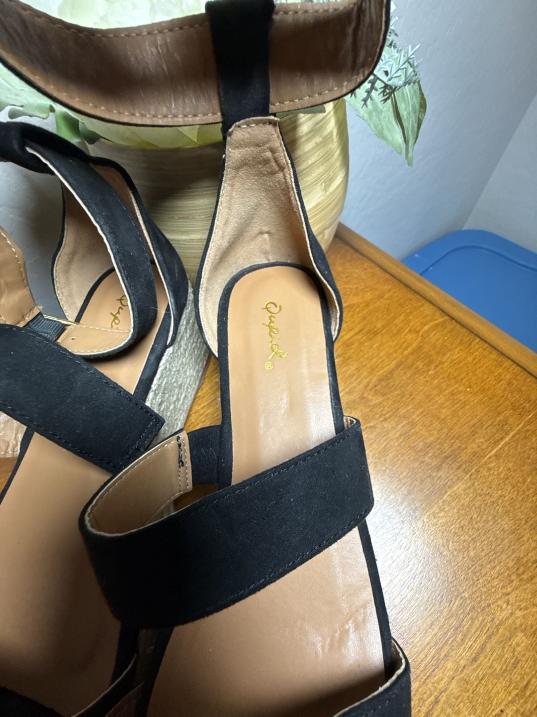 Qupid Women's Black Suede Wedge Espadrille Sandals with Ankle Strap and Buckle 7 4