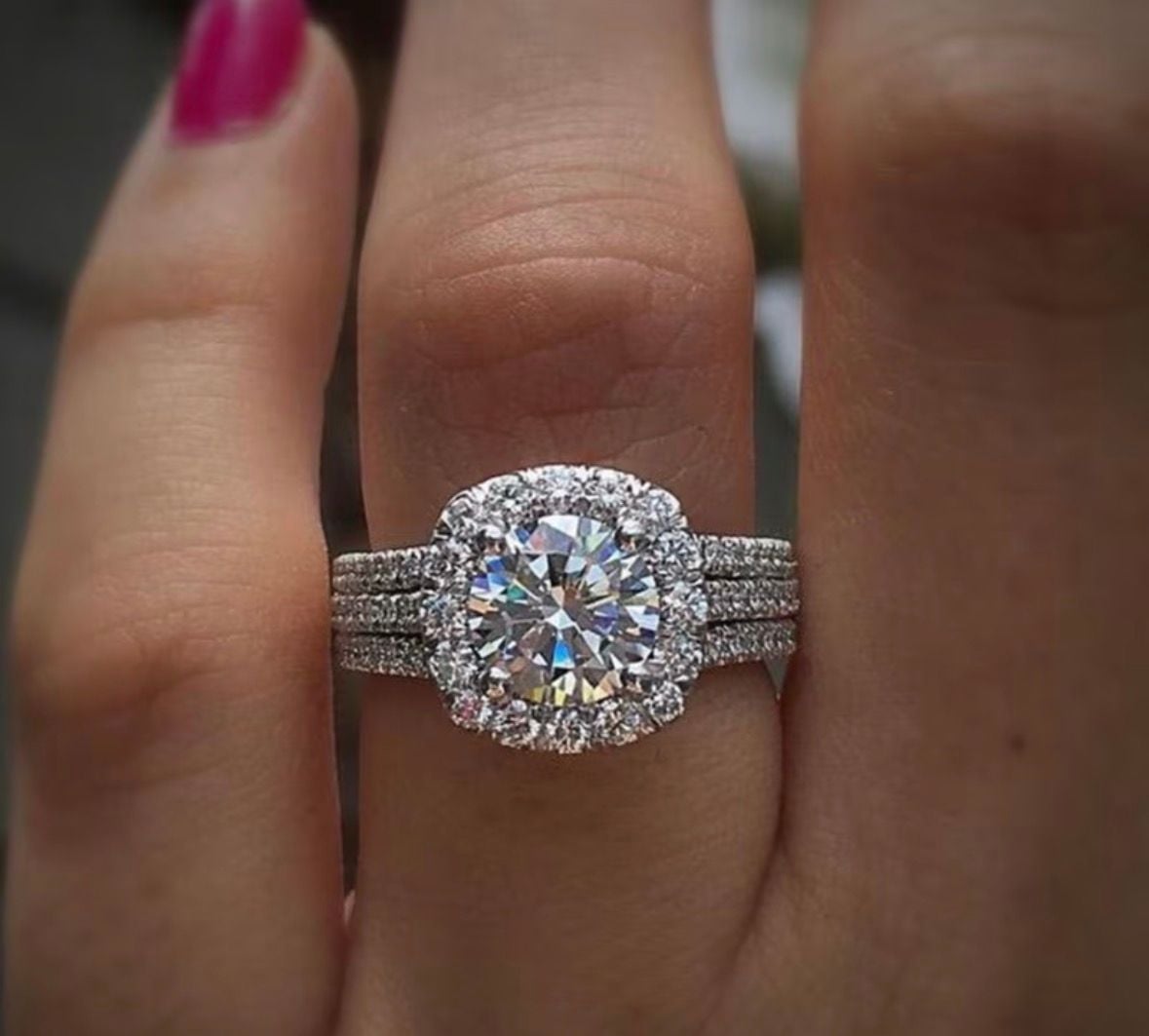 2 CT Round Cut Halo Moissanite Diamond Triple Band Engagement Ring 2