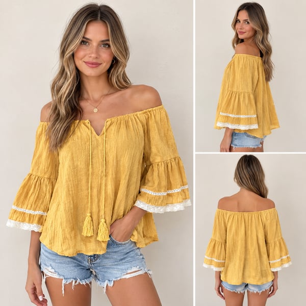 Entro women’s small Yellow Off Shoulder Bell Sleeve boho Top