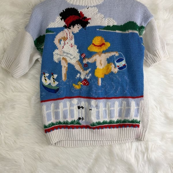 Marisa Christina Beach Scene Intarsia Knit Sweater Petite Multi