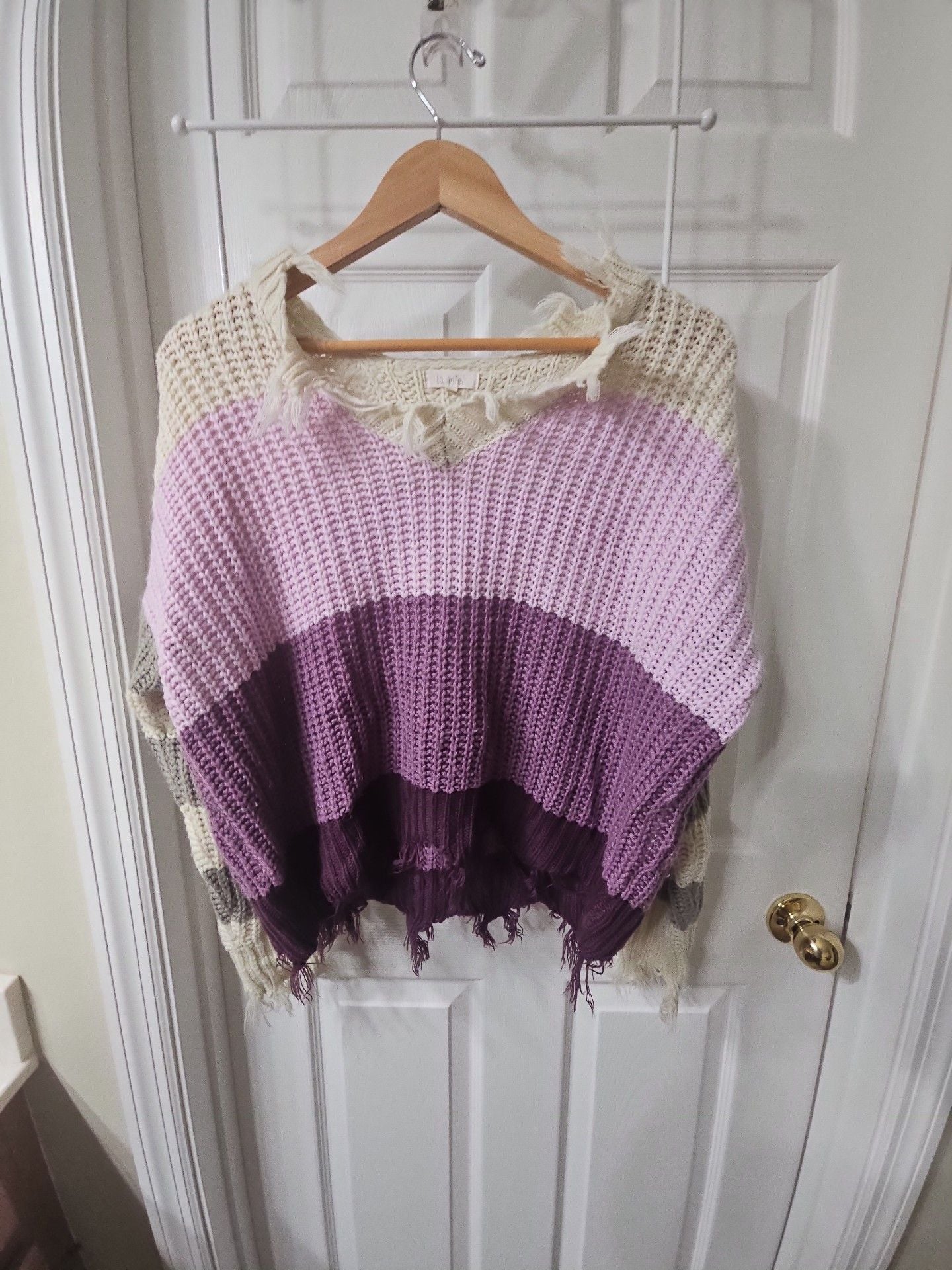 La Miel Color Block Long Sleeve Sweater Size S/M Lavender White Gray Fringe 2
