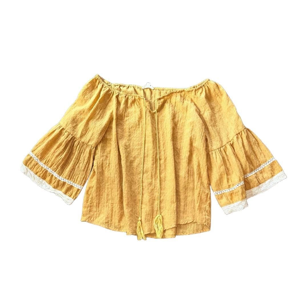 Entro women’s small Yellow Off Shoulder Bell Sleeve boho Top 3