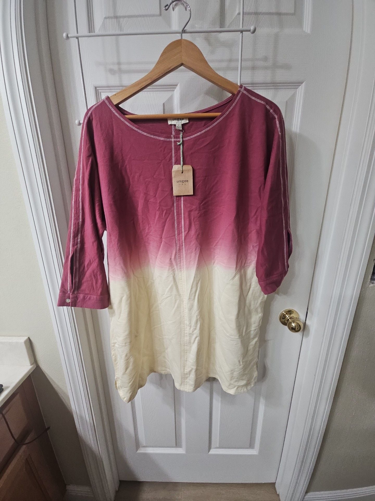 Umgee Dip-Dye French Terry Round Neck Button Tab on Sleeves Dress in Taupe 2