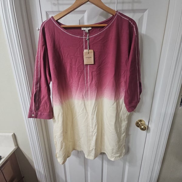 Umgee Dip-Dye French Terry Round Neck Button Tab on Sleeves Dress in Taupe
