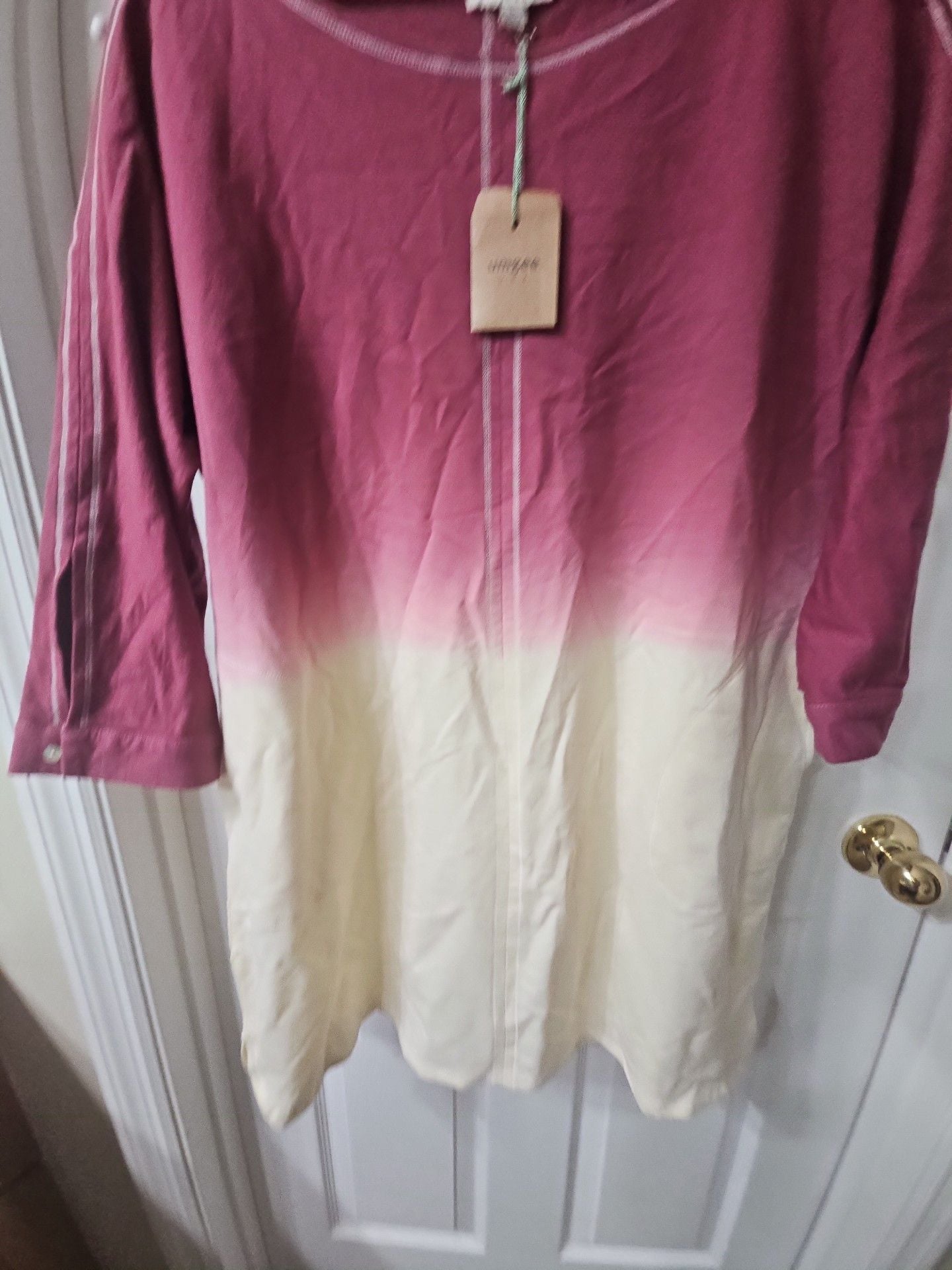 Umgee Dip-Dye French Terry Round Neck Button Tab on Sleeves Dress in Taupe 7