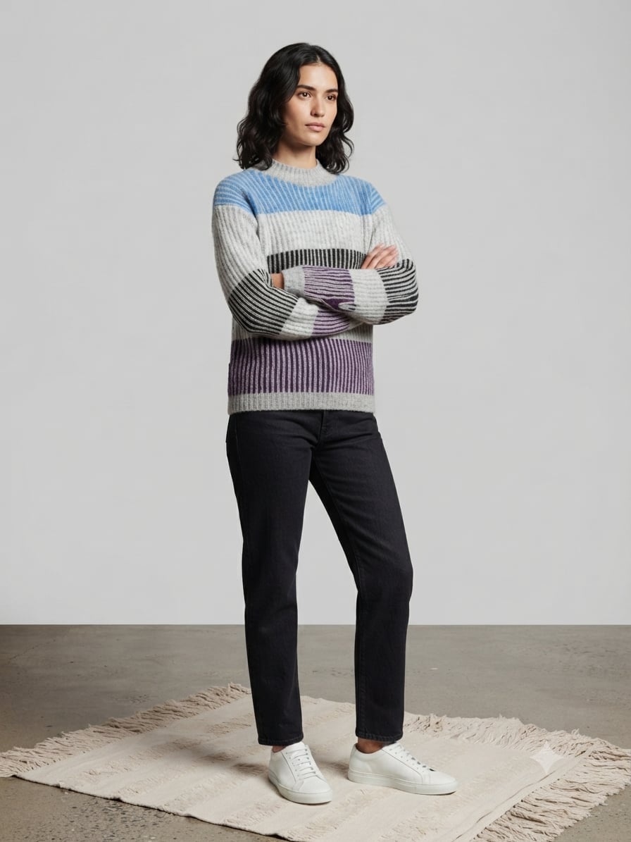 Liz Claiborne Colorblock Striped Crew Neck Sweater Size S Blue Grey Black Purple 3