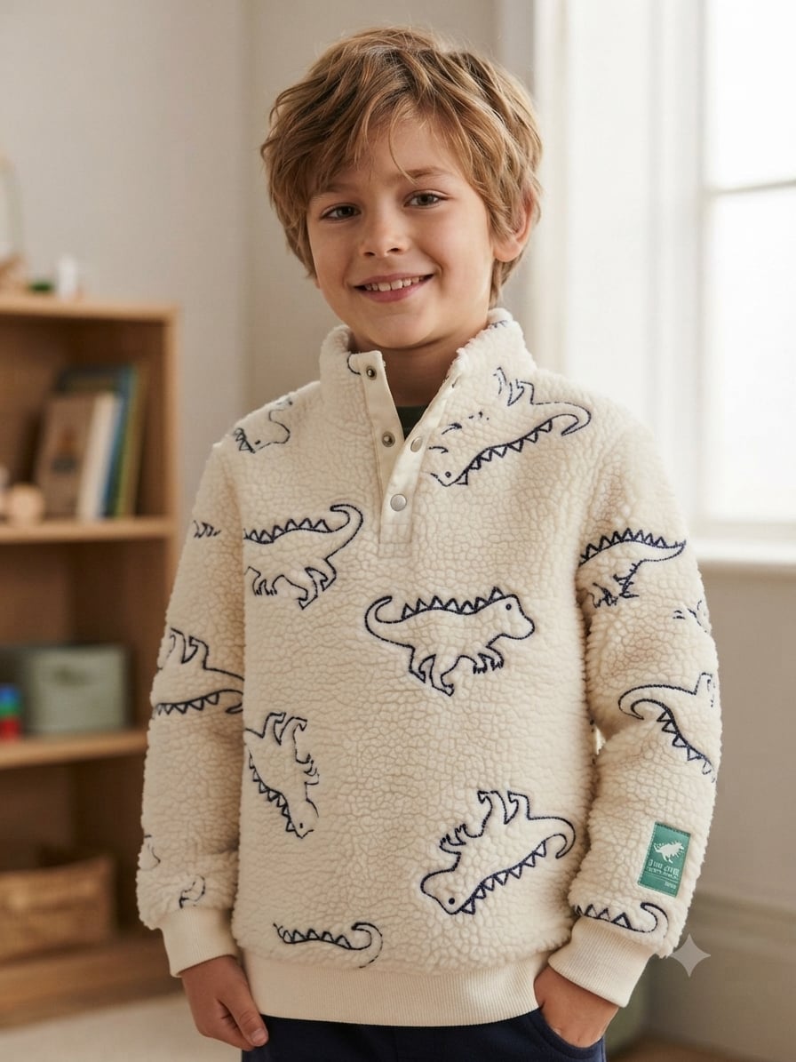 H&M Dino Club Natural Park Sherpa Sweatshirt Size 8-10A White Dinosaur Print 3