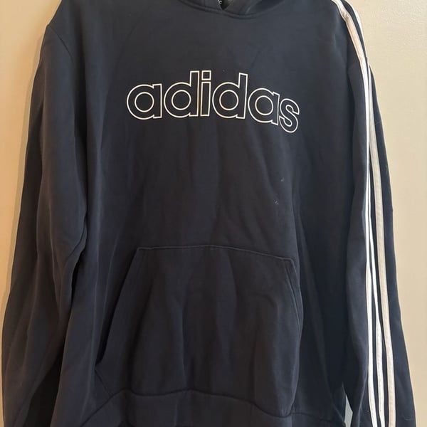 Adidas Navy Blue Pullover Hoodie with White Logo and Stripes