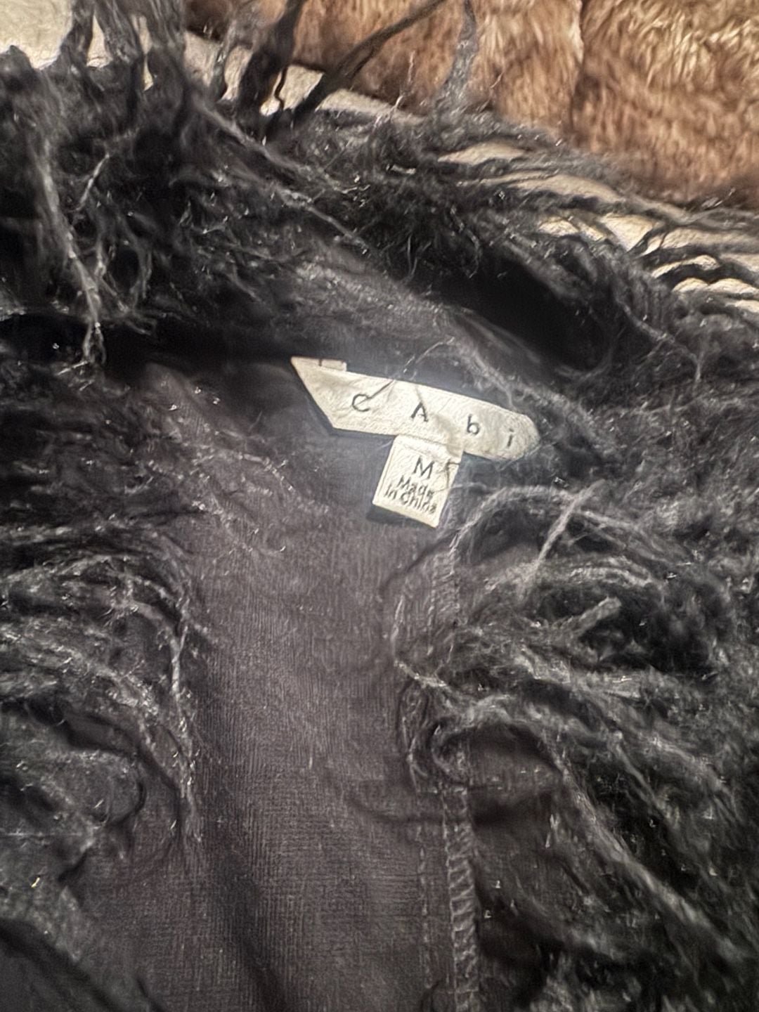 Cabi Faux Fur Vest Size M Black Shag Trim Open Front 3