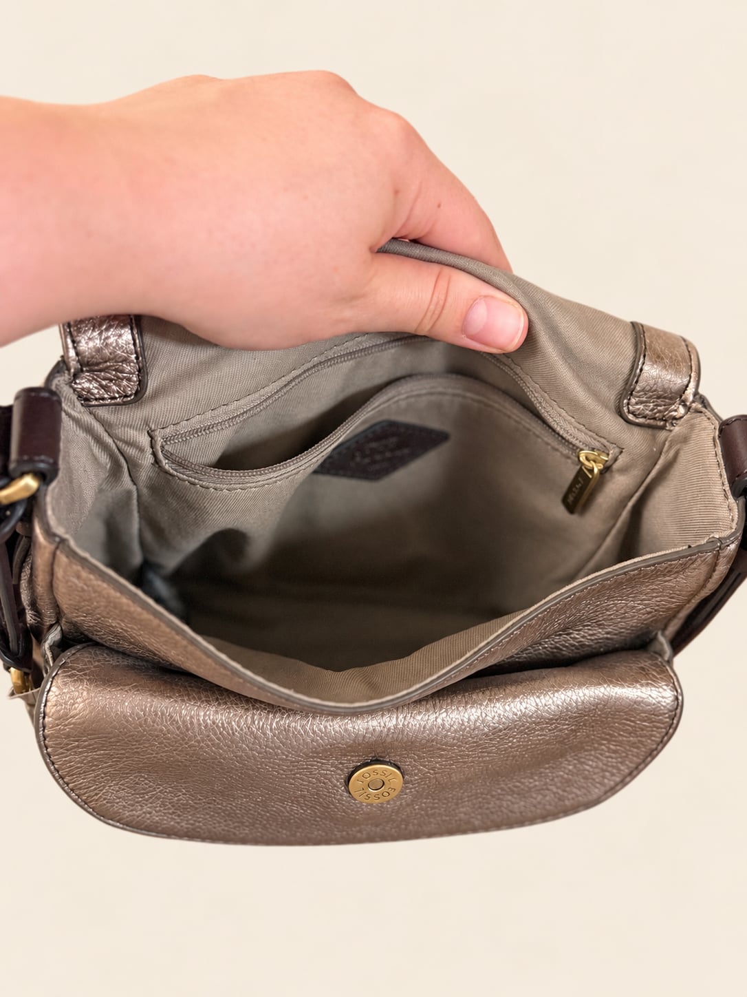 Fossil Peyton Crossbody Bag Gold Metallic Leather 9