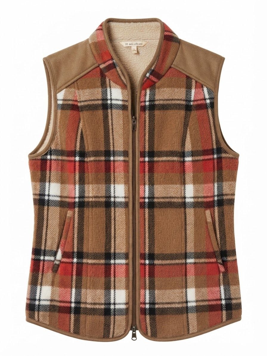 Entro Plaid Faux Shearling Sherpa Lined Warm Vest Size S Brown Red Black White 2