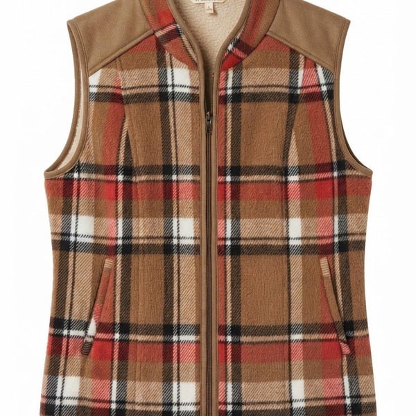 Entro Plaid Faux Shearling Sherpa Lined Warm Vest Size S Brown Red Black White