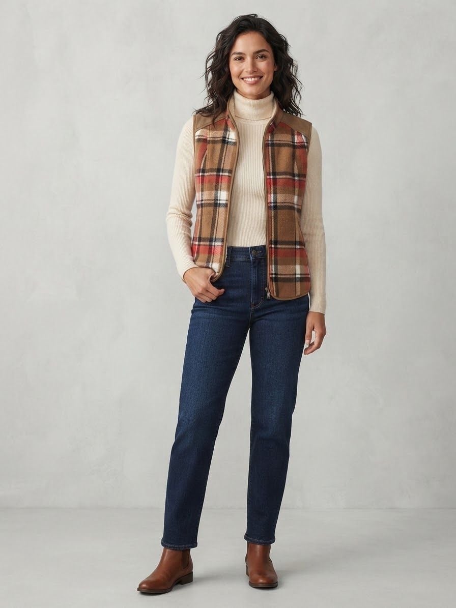 Entro Plaid Faux Shearling Sherpa Lined Warm Vest Size S Brown Red Black White 3