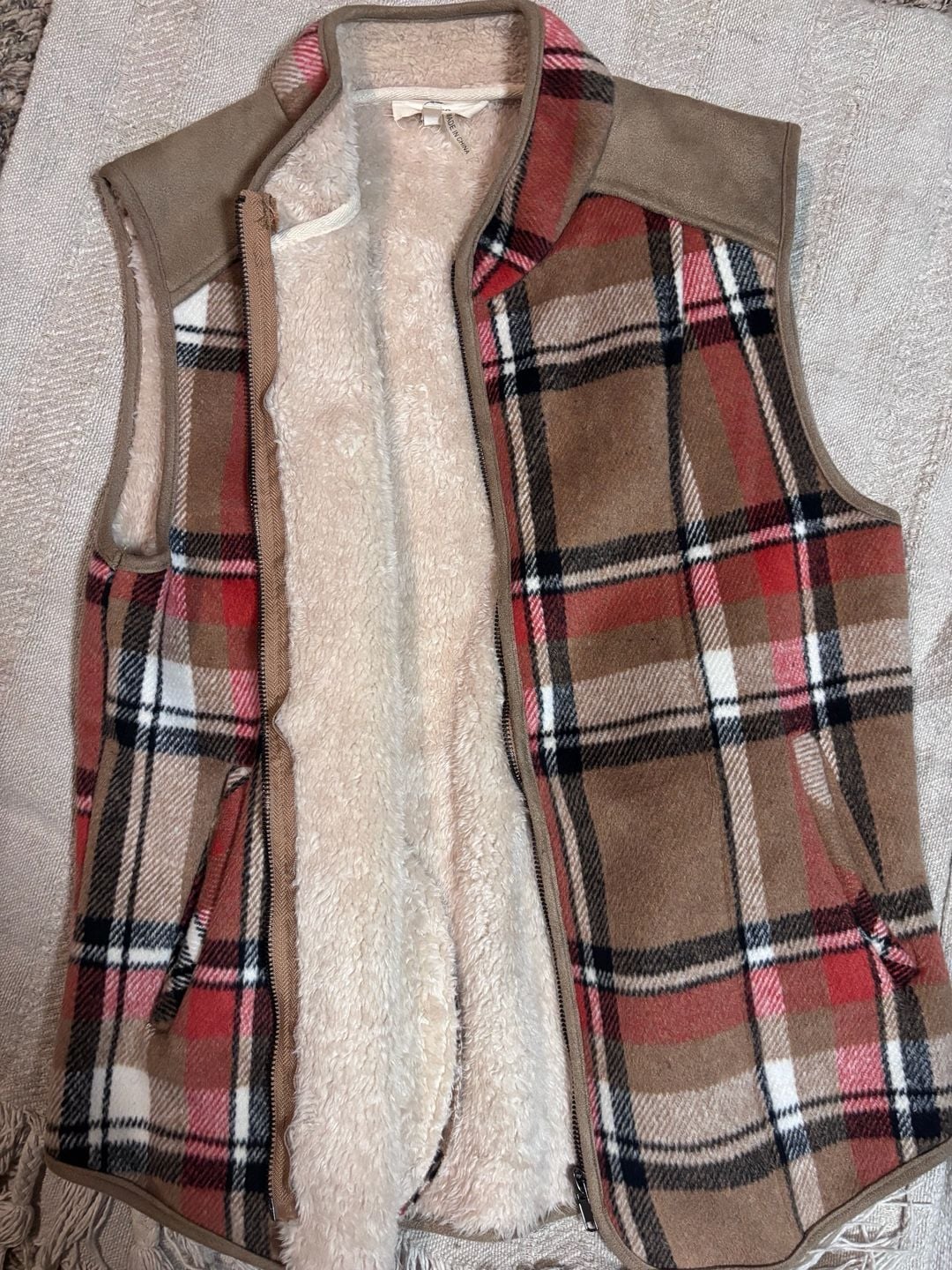 Entro Plaid Faux Shearling Sherpa Lined Warm Vest Size S Brown Red Black White 6