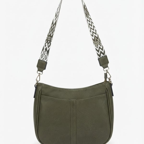 TANTOMI Crossbody Bag Green Vegan Leather with Patterned Strap