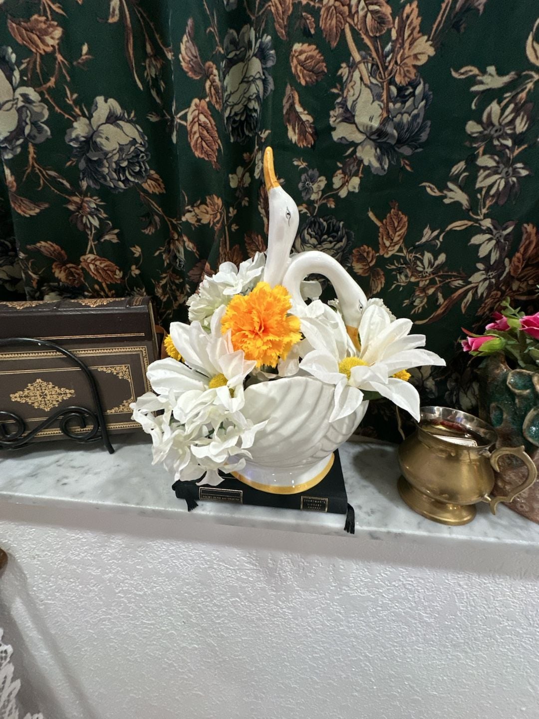 Haeger White Lusterware & Orange Swan Planter Orange & White Floral Arrangement 1