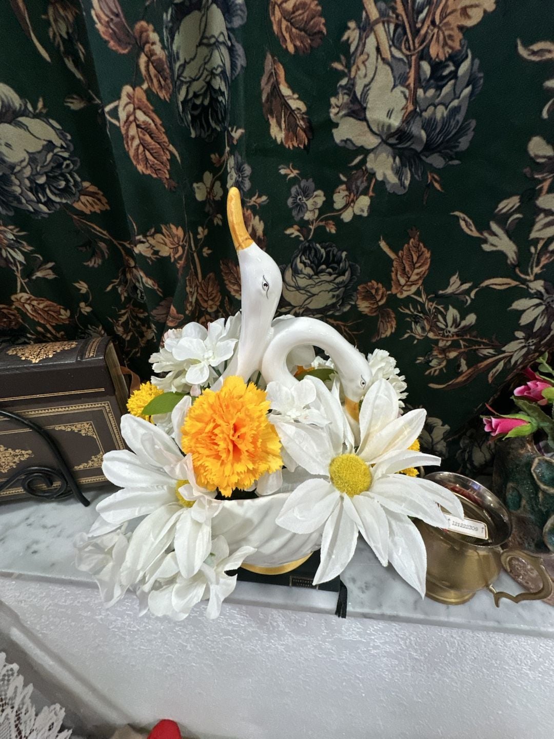 Haeger White Lusterware & Orange Swan Planter Orange & White Floral Arrangement 3