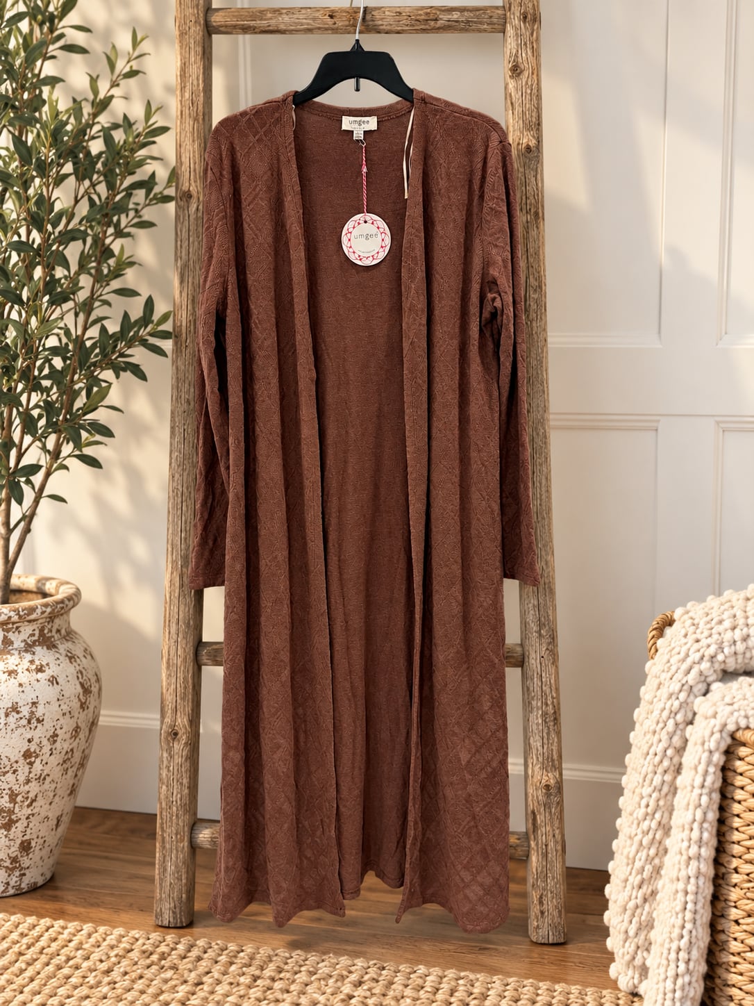 NWT Umgee Open Front Long Duster Cardigan Sz L Brown Knit Sweater 2