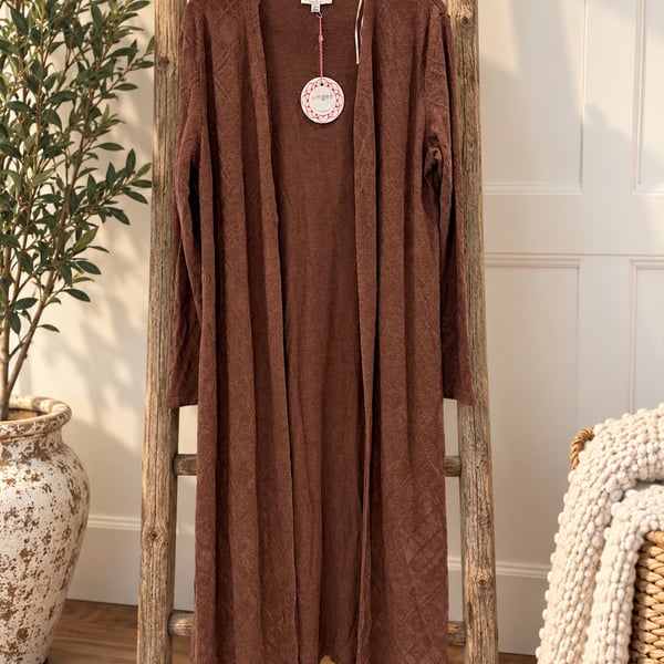 NWT Umgee Open Front Long Duster Cardigan Sz L Brown Knit Sweater