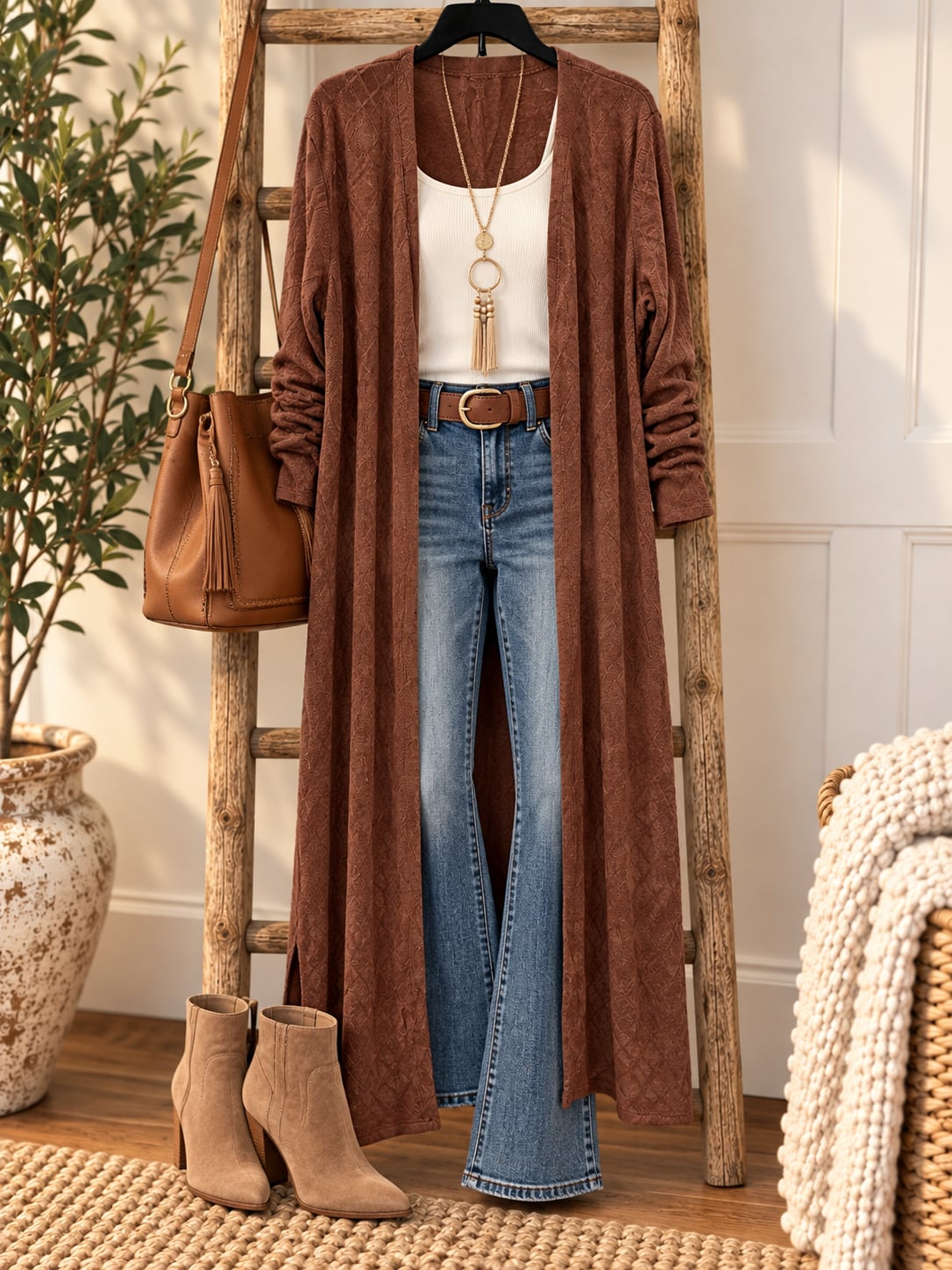 NWT Umgee Open Front Long Duster Cardigan Sz L Brown Knit Sweater 3