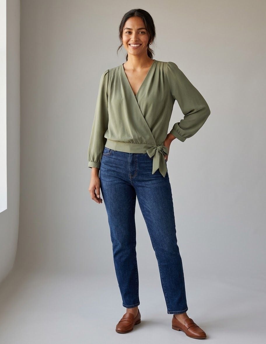 Japna Green Wrap V-Neck 3/4 Sleeve Blouse Size S 3