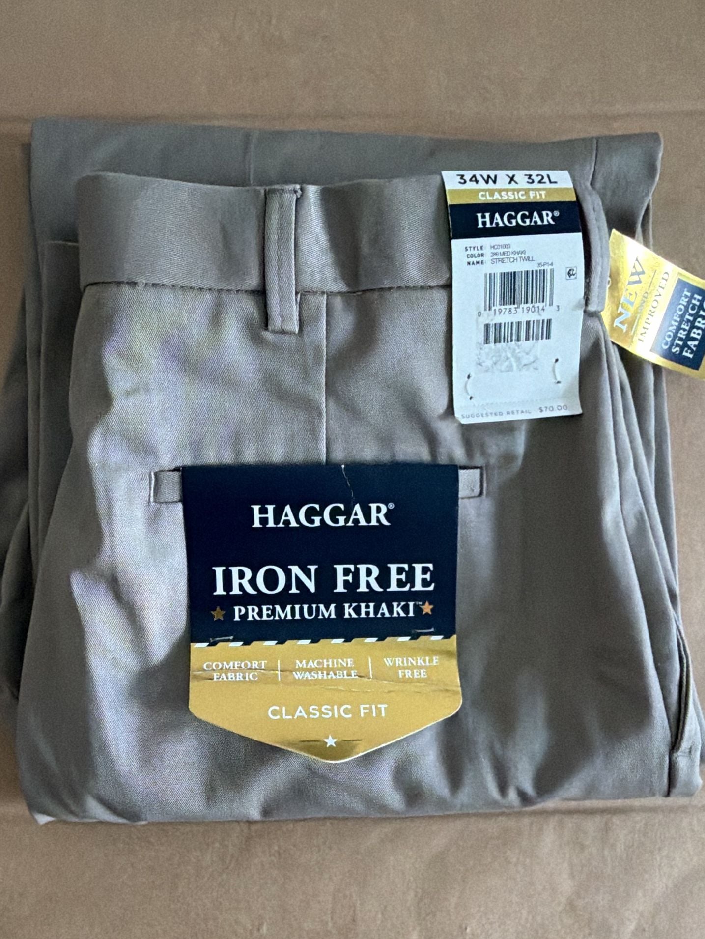 Haggar Iron Free Stretch Twill Pants Size 34W x 32L Khaki 1