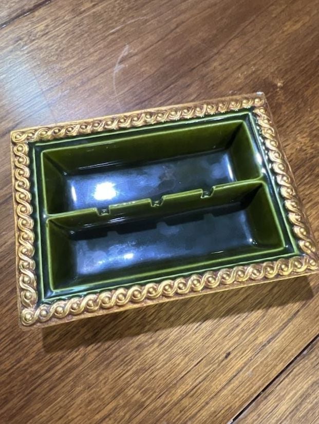 Anthony Freeman McFarlin Vintage Ceramic Ashtray Green and Gold Gilt 1