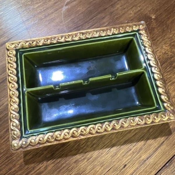 Anthony Freeman McFarlin Vintage Ceramic Ashtray Green and Gold Gilt