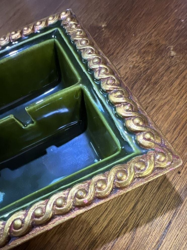 Anthony Freeman McFarlin Vintage Ceramic Ashtray Green and Gold Gilt 2