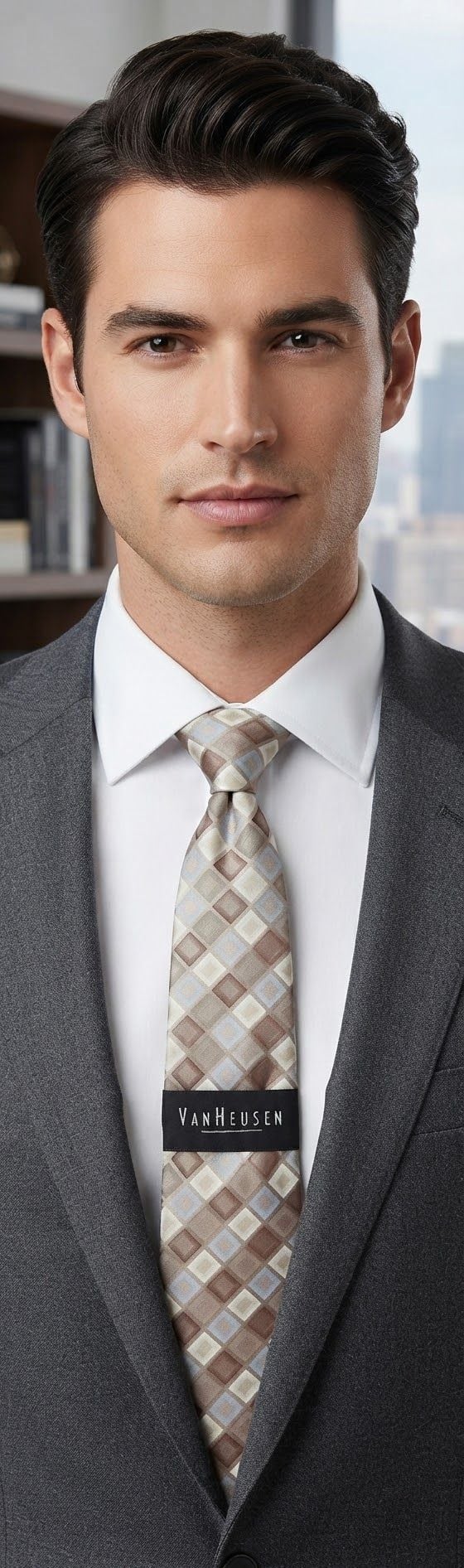 Van Heusen Brown and Beige Geometric Grid Necktie 2