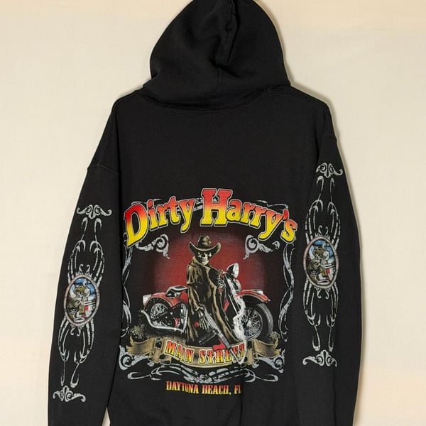 Dirty Harry’s Daytona Beach Main Street Biker Zip Up Hoodie - Skull Sleeve Prints 