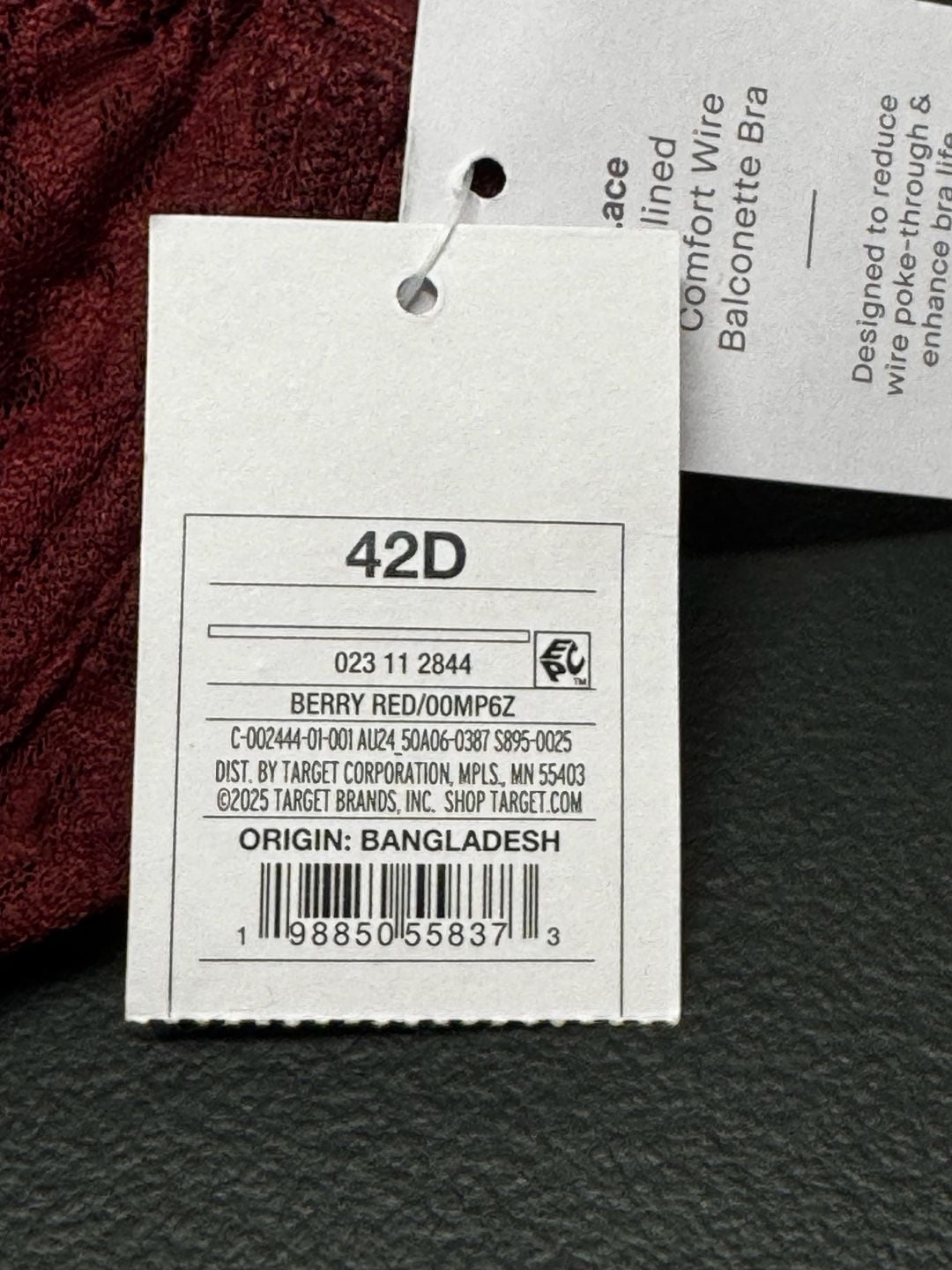WU58 42D Auden Lace Unlined Comfort Wire Balconette Bra Berry Red NWT 4