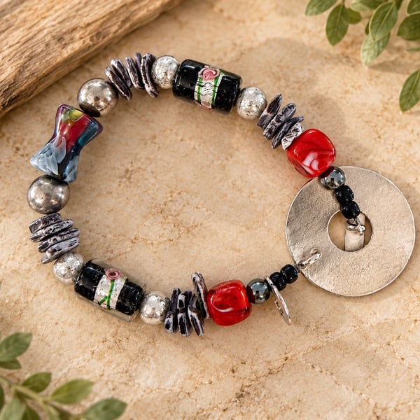 Artisan Lampwork Glass Beaded Toggle Bracelet Red Black