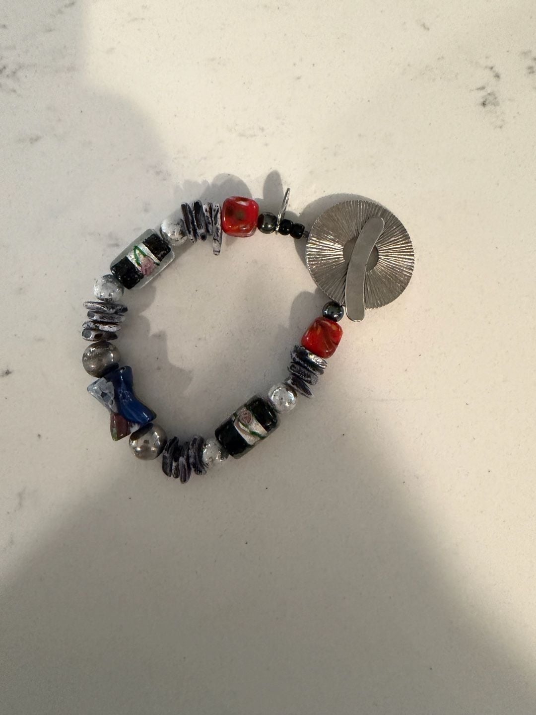 Artisan Lampwork Glass Beaded Toggle Bracelet Red Black 4