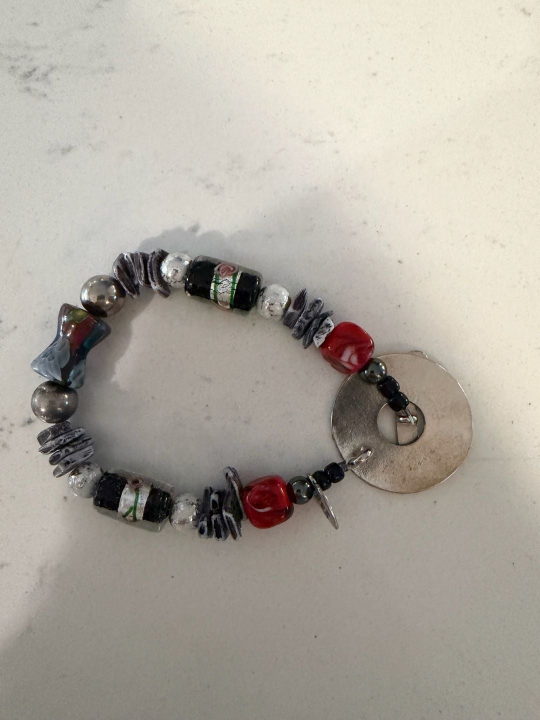 Artisan Lampwork Glass Beaded Toggle Bracelet Red Black 5