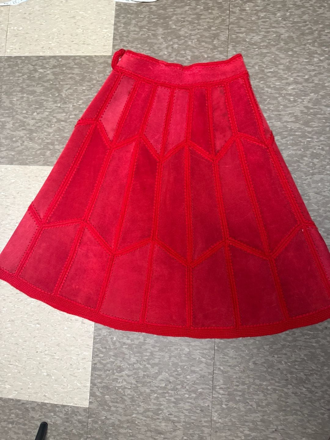 Vintage Red Suede Geometric Embroidered Midi Skirt 2
