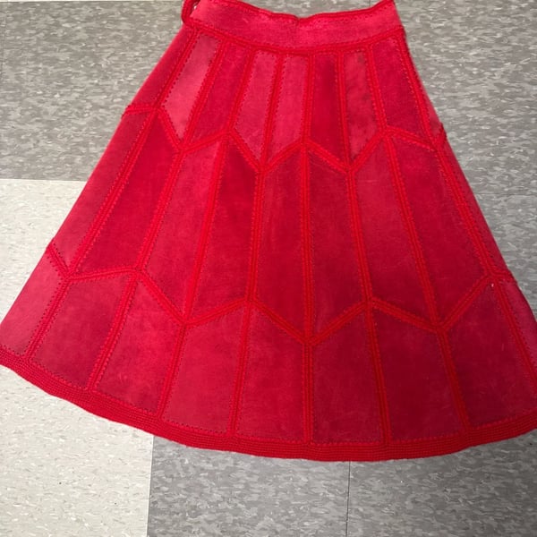 Vintage Red Suede Geometric Embroidered Midi Skirt