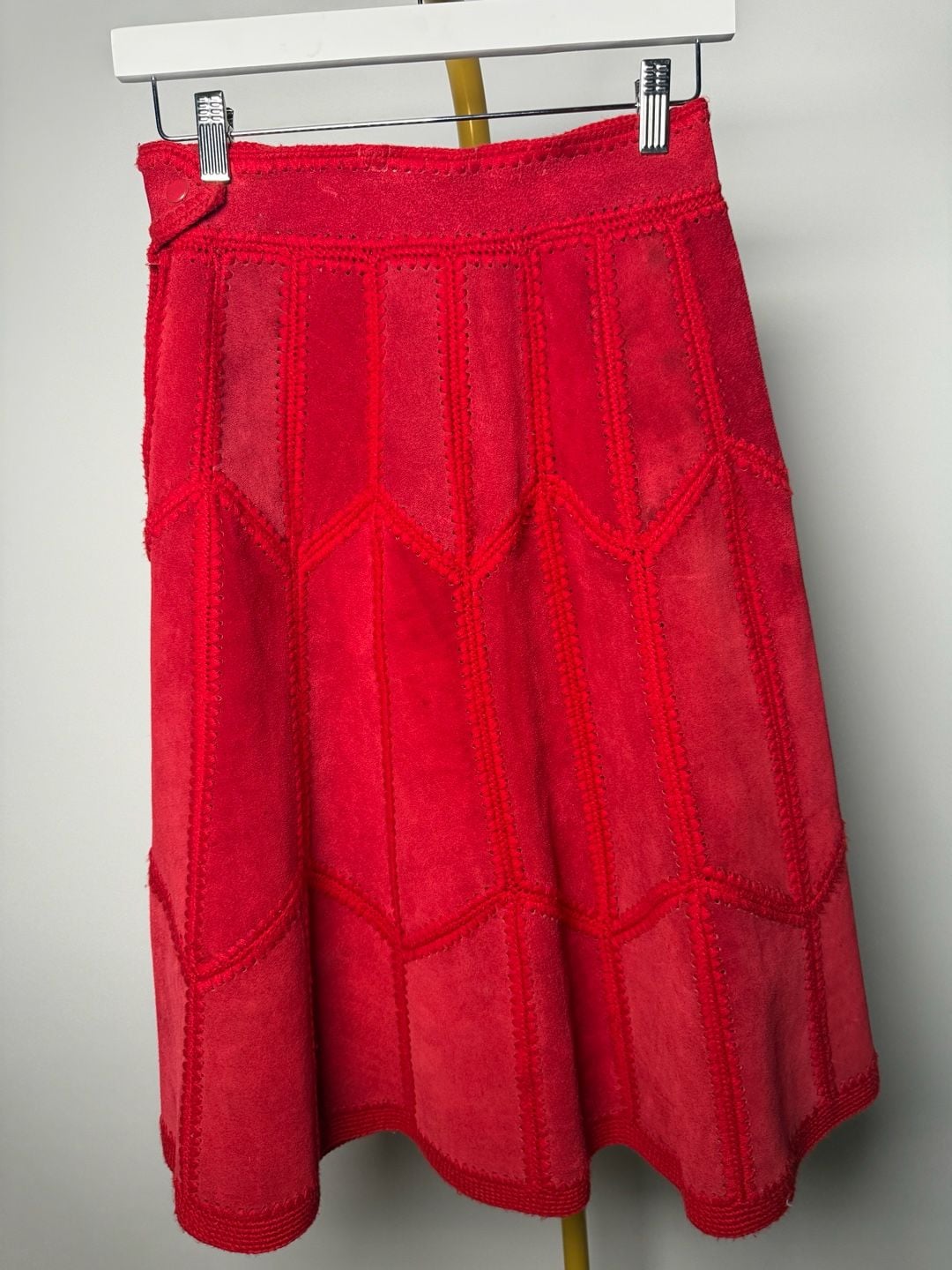 Vintage Red Suede Geometric Embroidered Midi Skirt 3