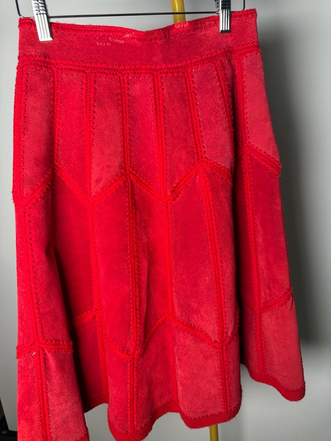 Vintage Red Suede Geometric Embroidered Midi Skirt 6