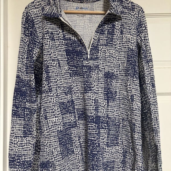 IBKUL 1/4 Zip Pullover Size L Blue White Geometric Print Long Sleeve Shirt