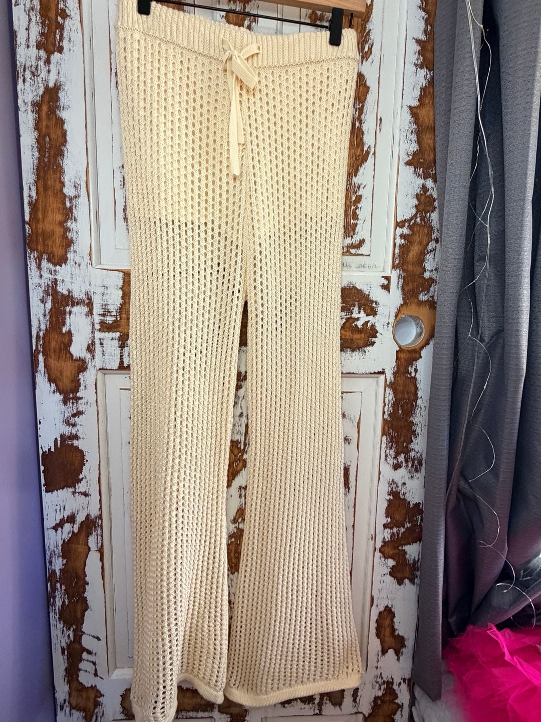 Earthbound Trading Co Open Knit Wide Leg Pants Size S Cream Boho Resort 2