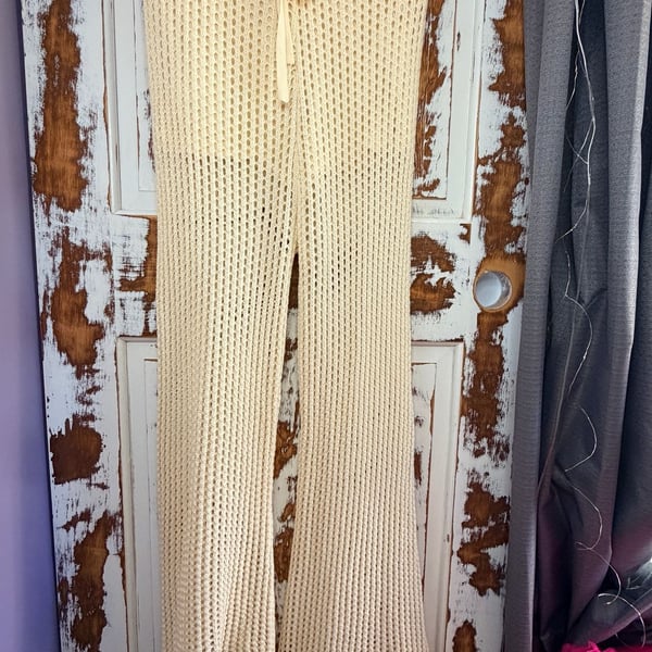Earthbound Trading Co Open Knit Wide Leg Pants Size S Cream Boho Resort